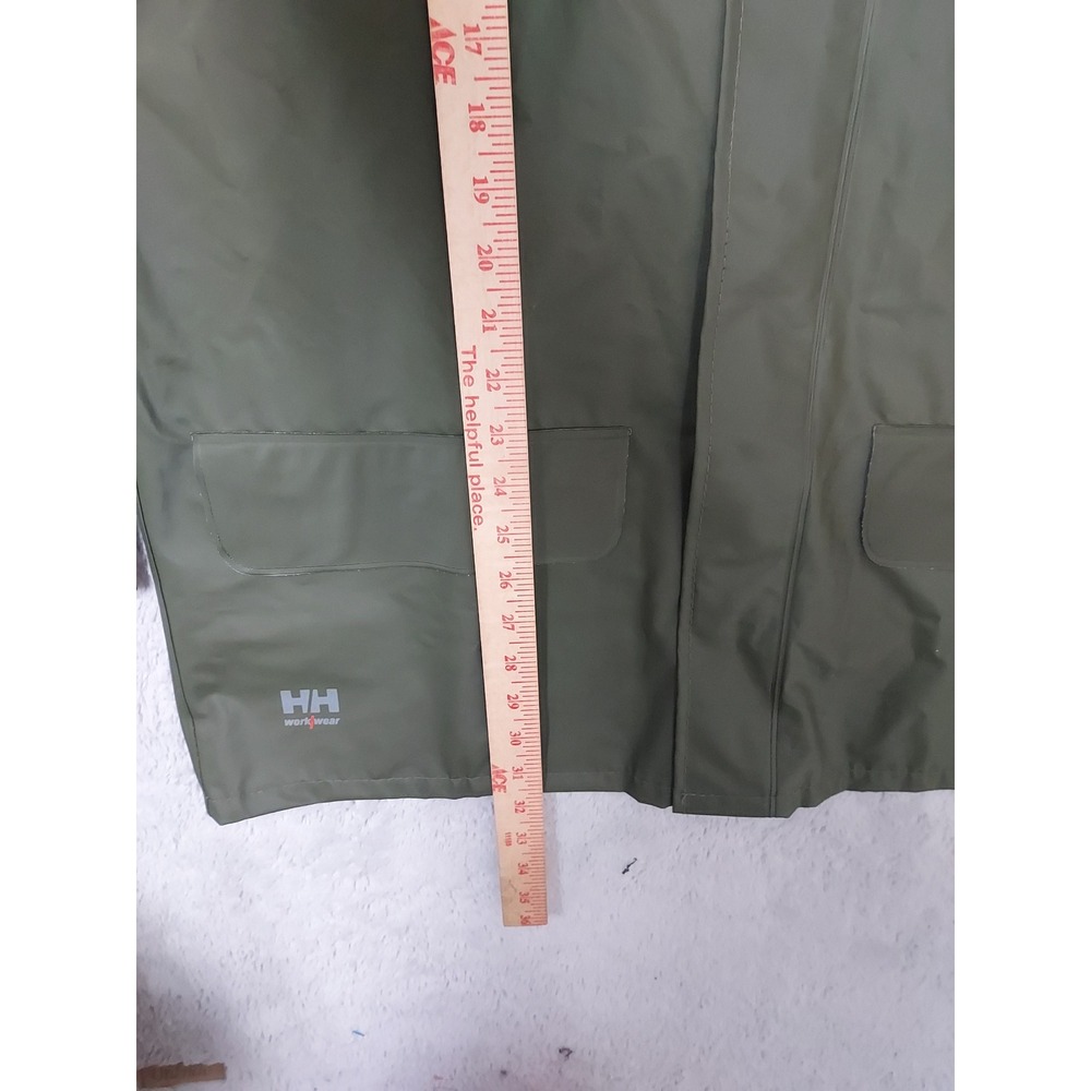 Helly Hansen Jacket Mens Medium Work Wear Rain Hooded Waterproof PVC Green Coat - Picture 11 of 13